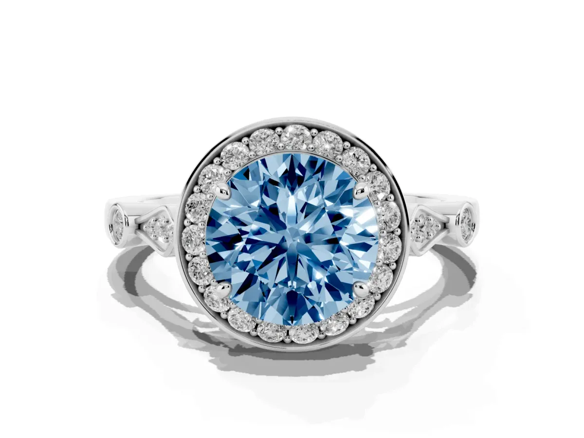 Fancy Blue Round Cut Halo Diamond Engagement Ring with Twisted Band and Four-Prong Setting Silver