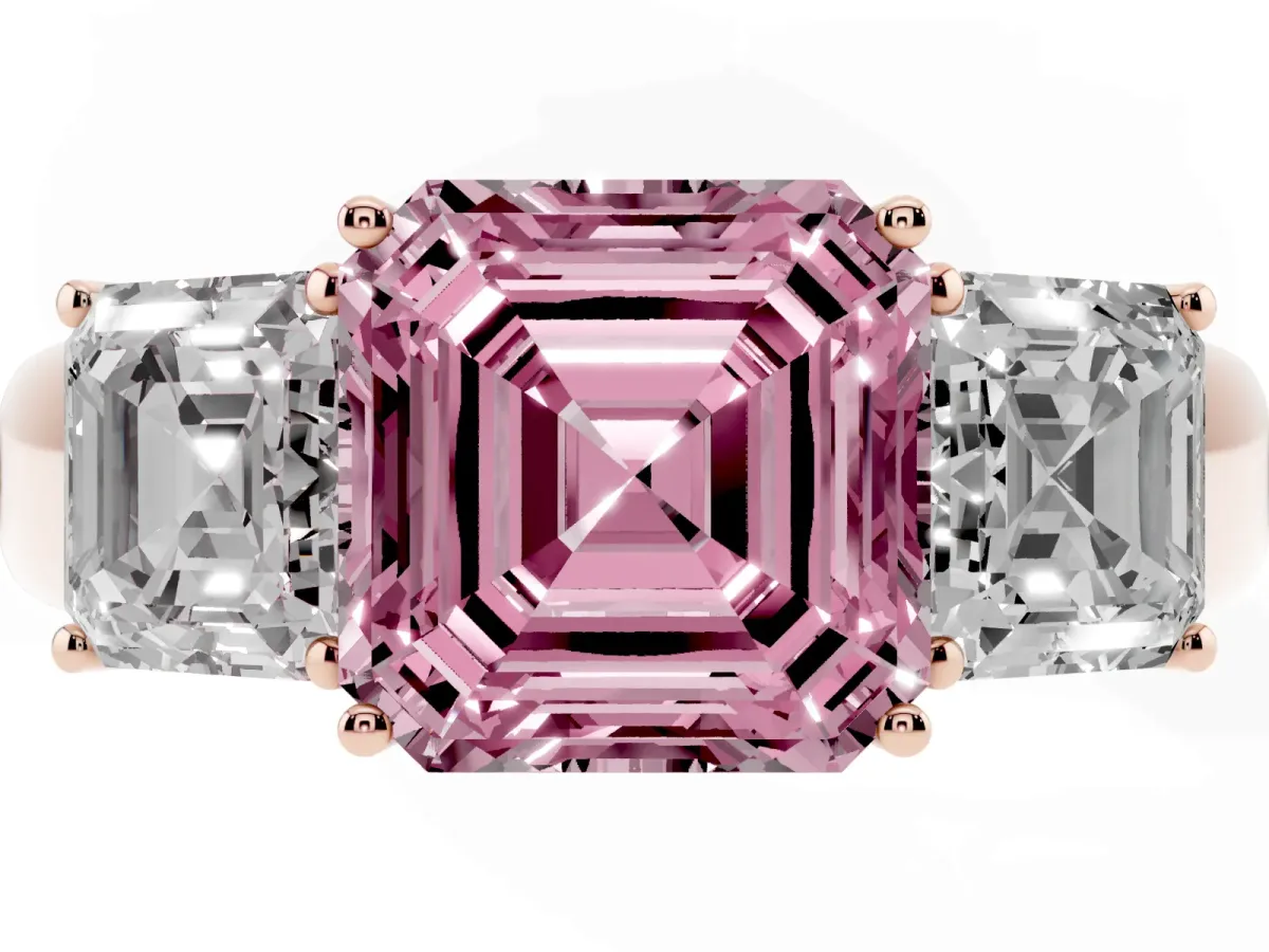 Fancy Pink Three-Stone Asscher Cut Cut Diamond Ring with Prong Setting and Classic Band Rose gold