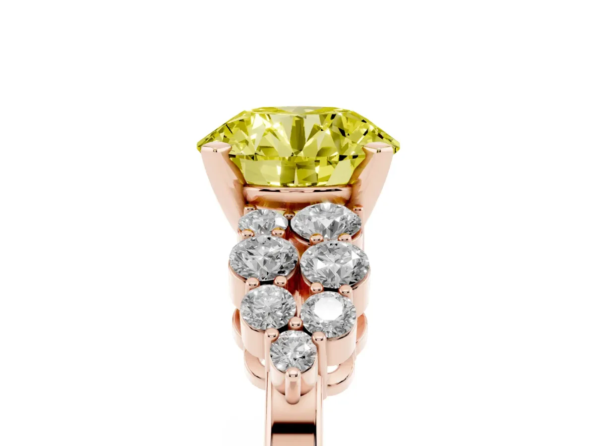 Fancy Yellow Round Cut Cluster Diamond Engagement Ring with Pavé Band and Four-Prong Setting Rose gold