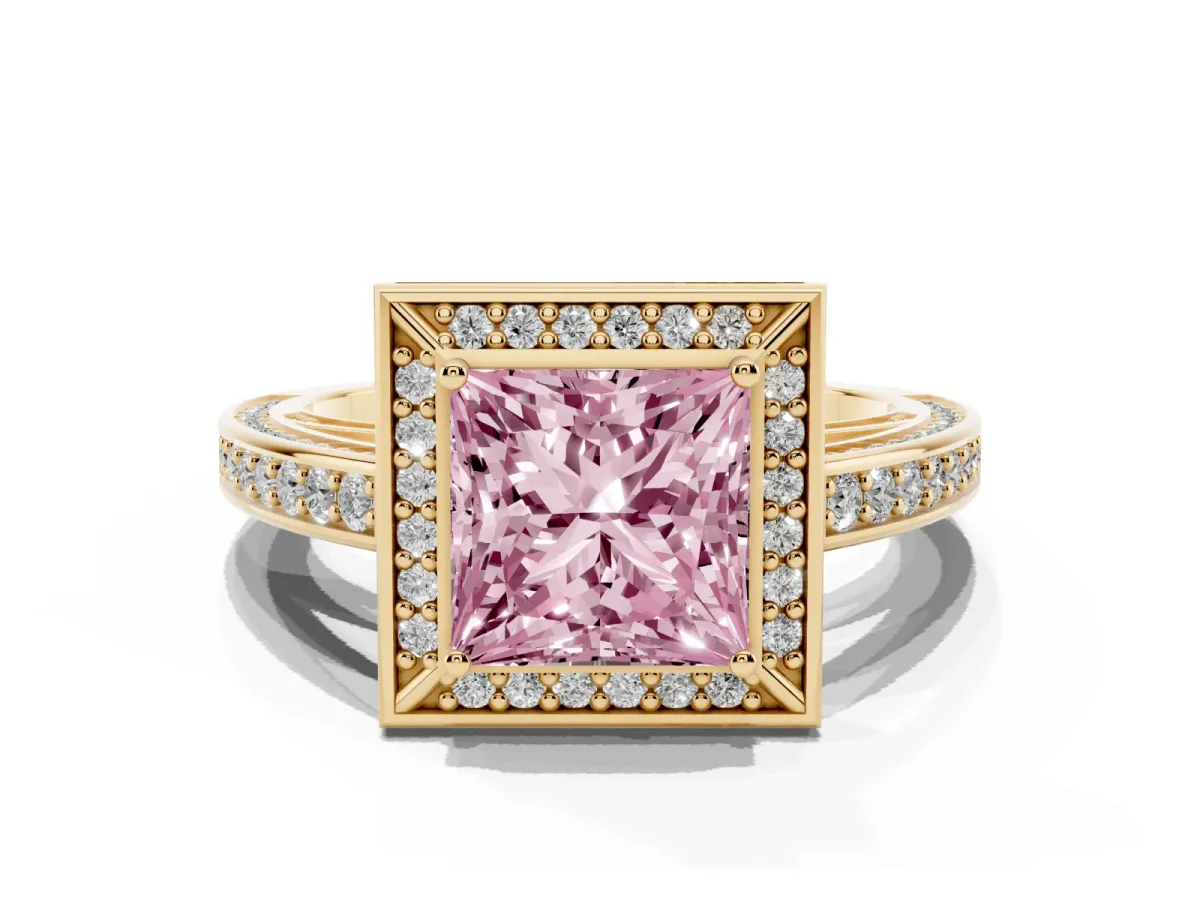 Fancy Pink Princess Cut Cut Halo Pave Split Shank Prong Setting Ring Yellow gold