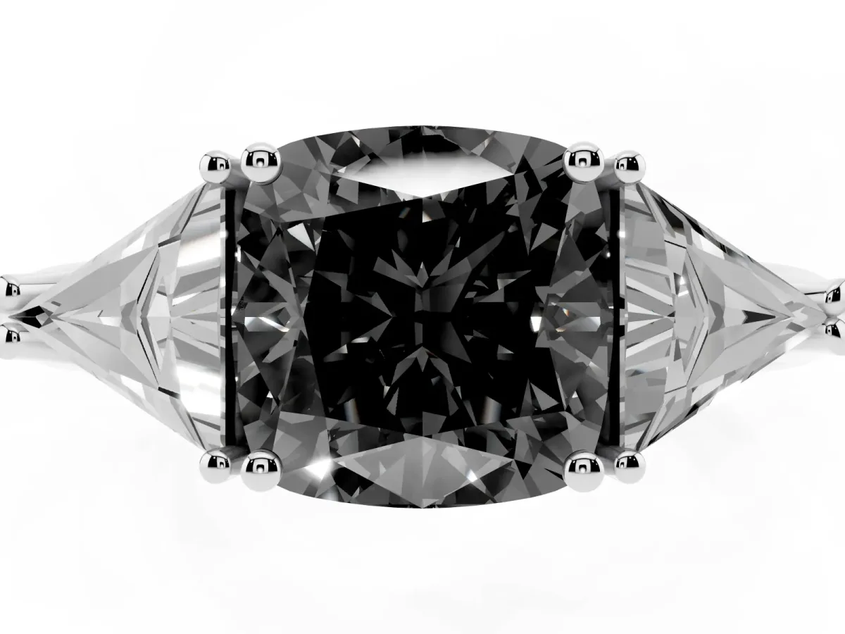 Fancy Black Three-Stone Cushion Cut Diamond Engagement Ring with Trillion Side Stones and Prong Setting Silver