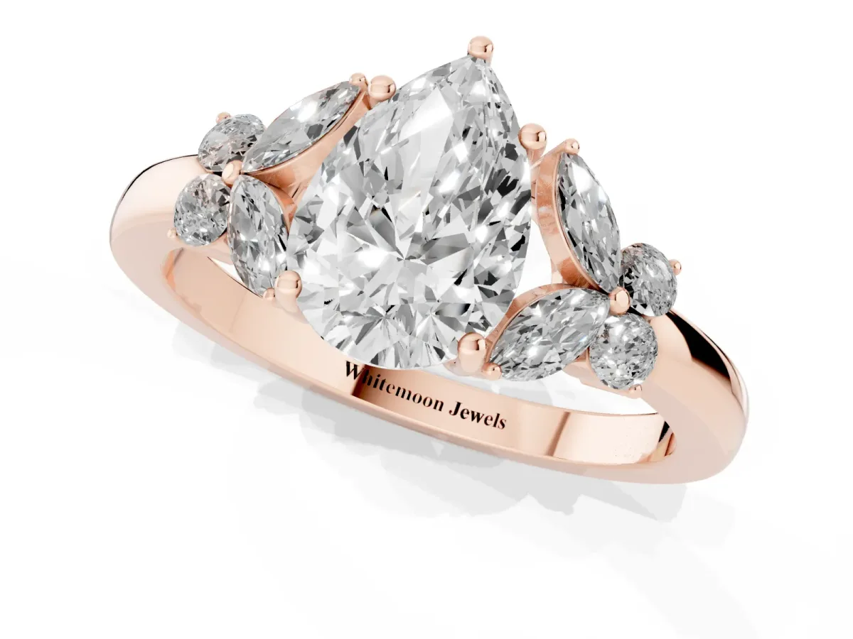 Pear Cut Cut Solitaire Floral Diamond Ring with Four-Prong Setting Rose gold