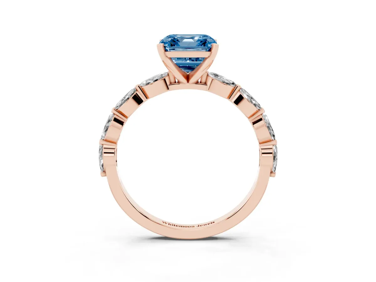 Fancy Blue Asscher Cut Diamond Ring with Marquise Side Stones and Prong Setting Rose gold