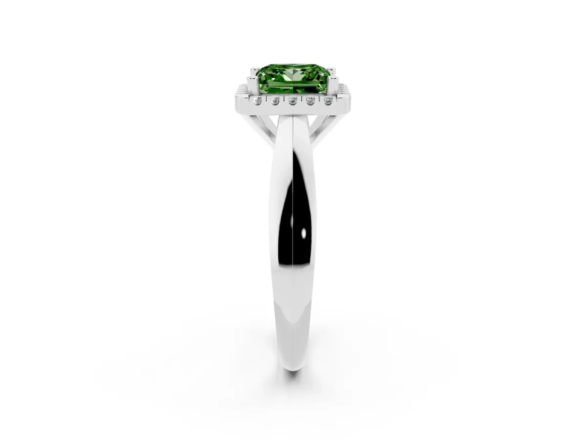 Fancy Green Princess Cut Cut Halo Solitaire Engagement Ring with Square Band and Four-Prong Setting Platinum
