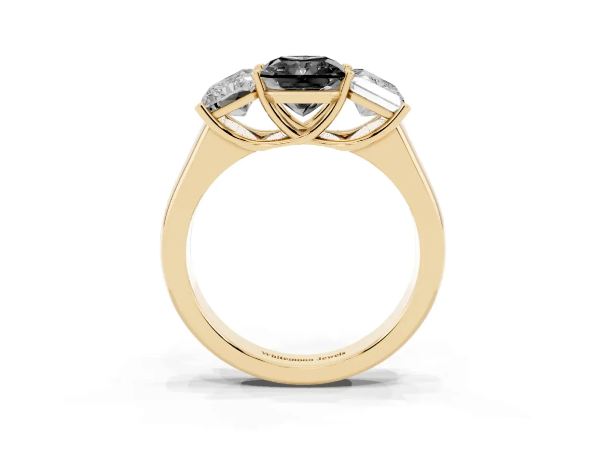 Fancy Black Radiant Cut Three-Stone Diamond Ring with Prong Setting on a Classic Band Yellow gold