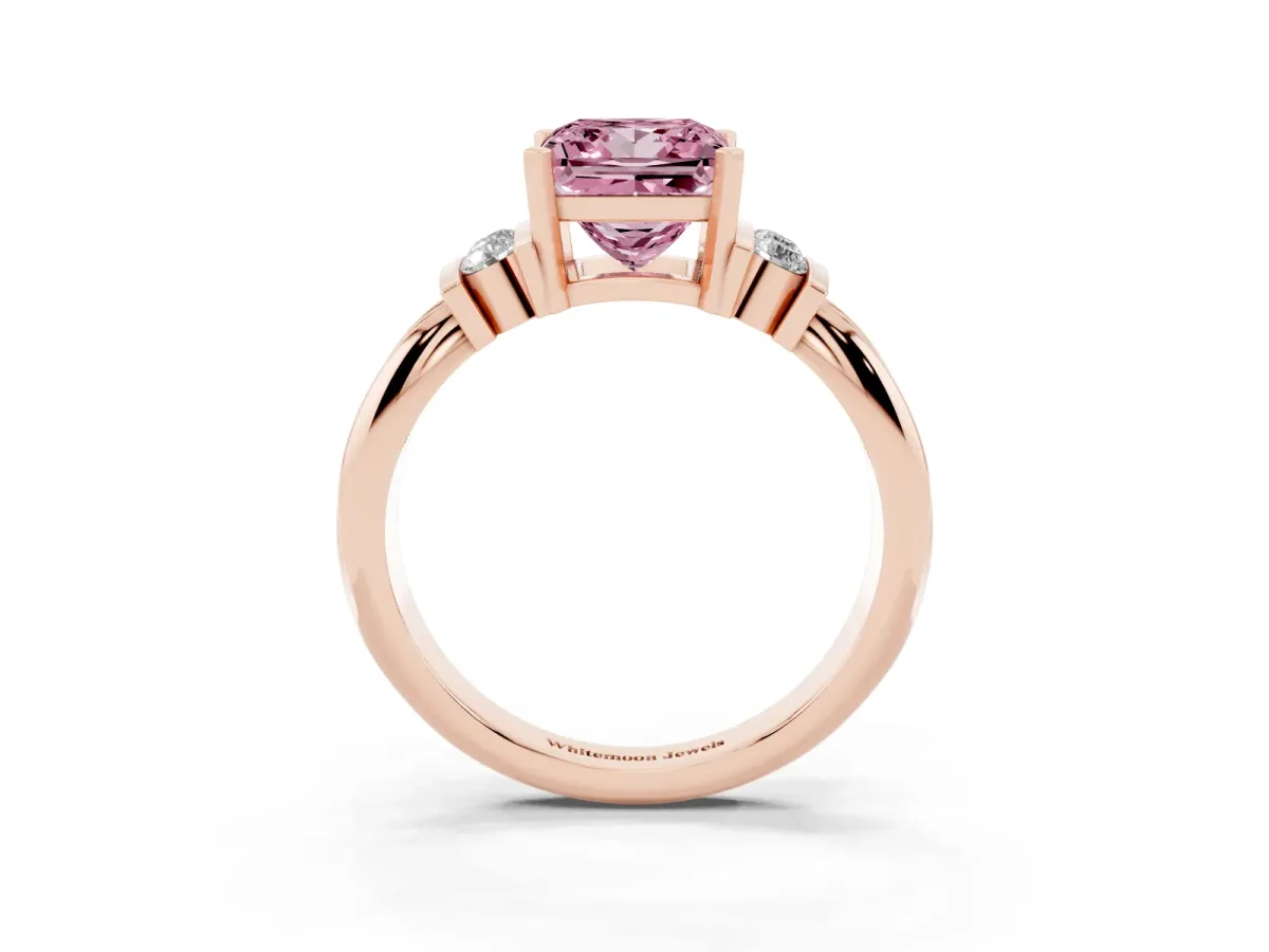 Fancy Pink Princess Cut Cut Three-Stone Channel Set Ring with Bar Prongs Rose gold