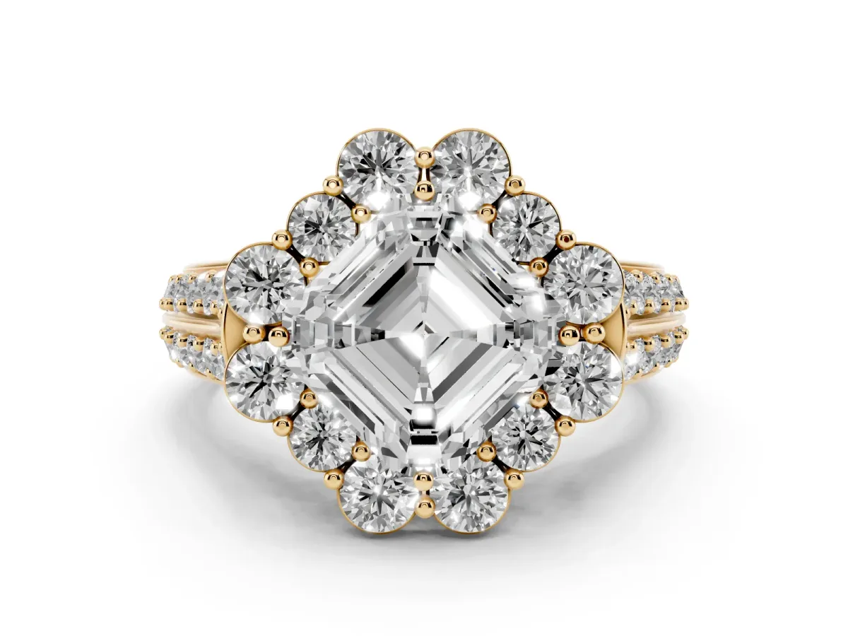 Asscher Cut Halo Diamond Engagement Ring with Split Shank and Prong Setting Yellow gold