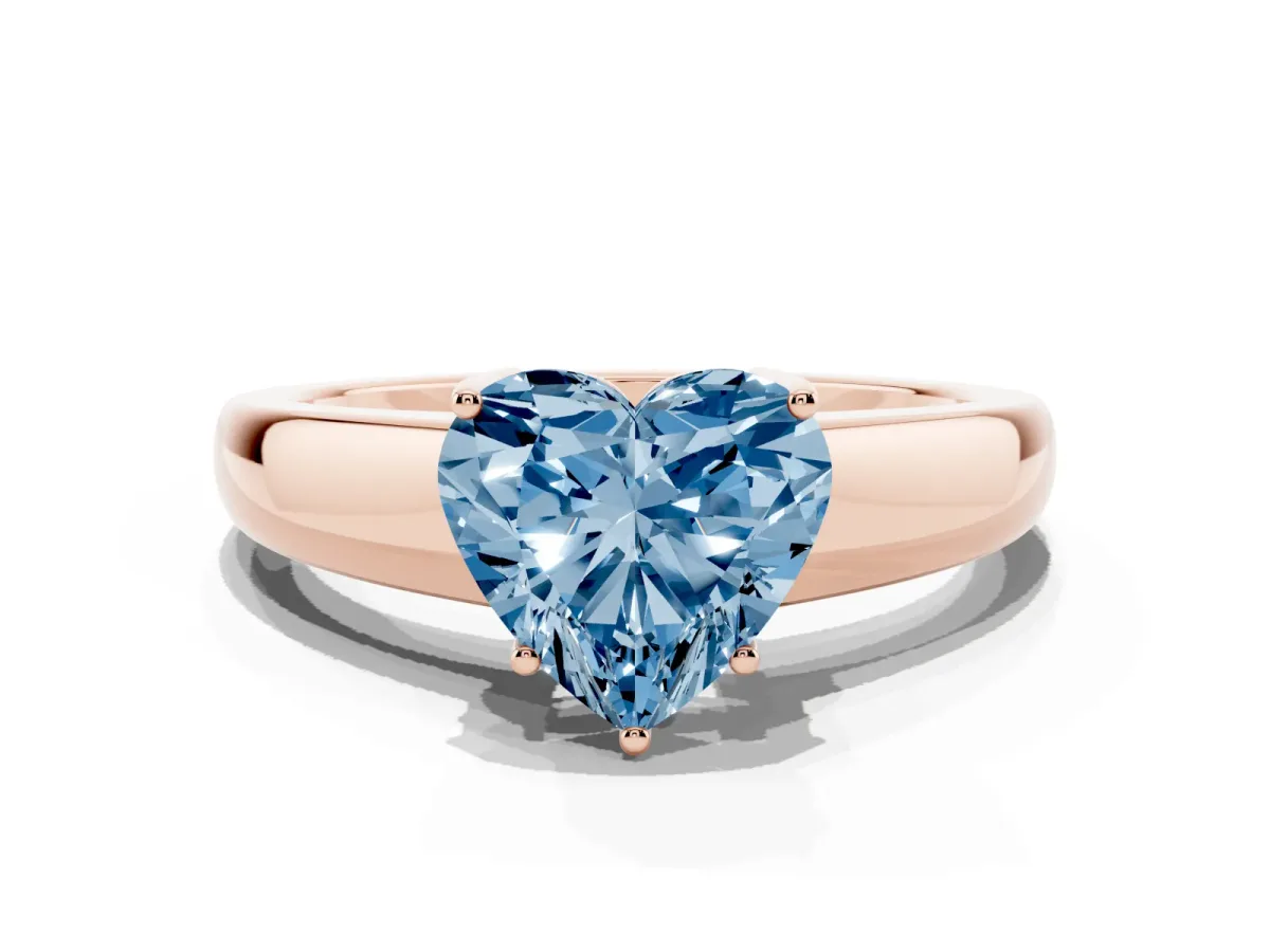 Fancy Blue Heart Cut Solitaire Diamond Ring with Tapered Band and Four-Prong Setting Rose gold