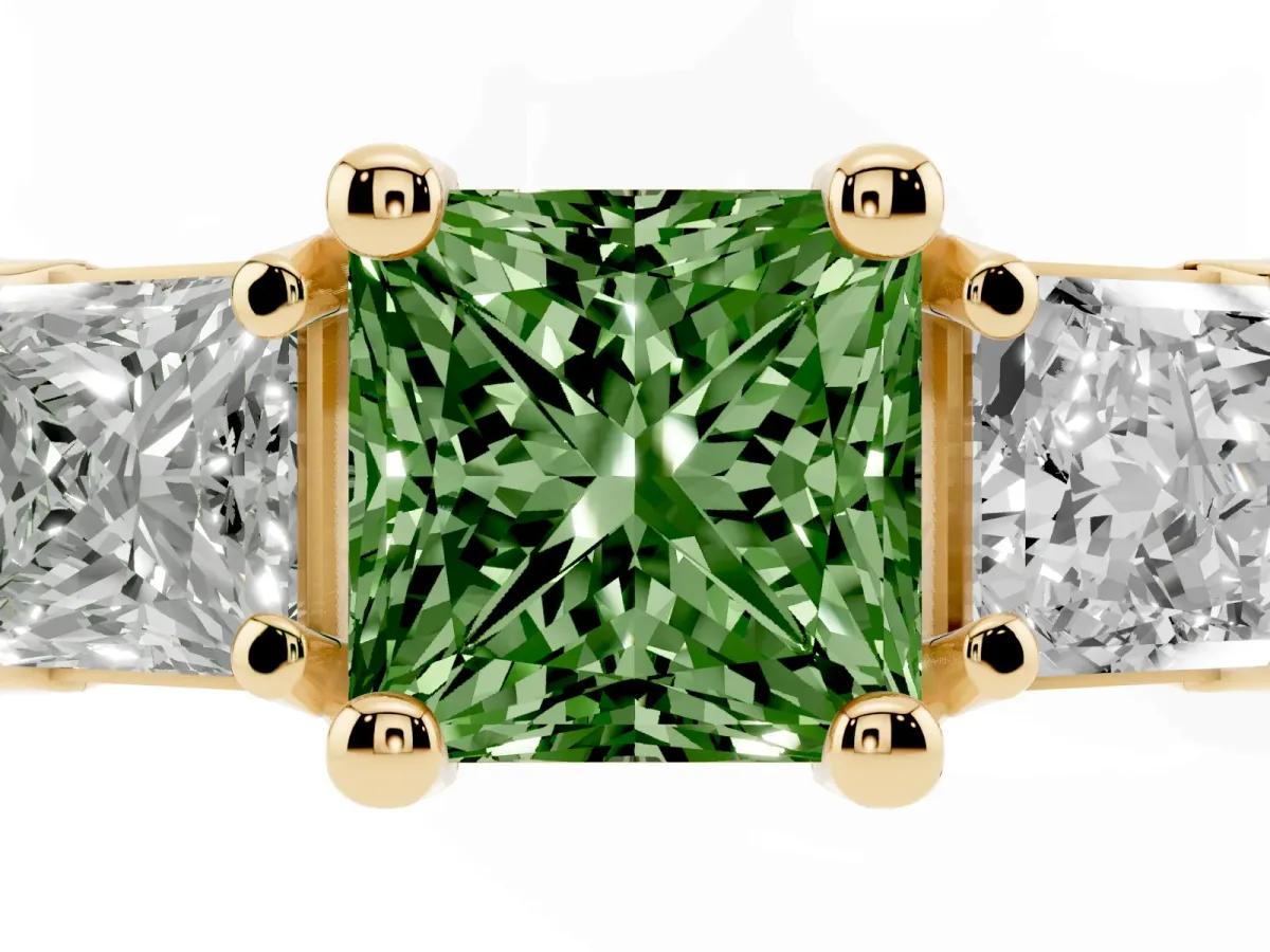 Fancy Green Princess Cut Diamond Three-Stone Ring with Channel Set Band and Four-Prong Setting Yellow gold
