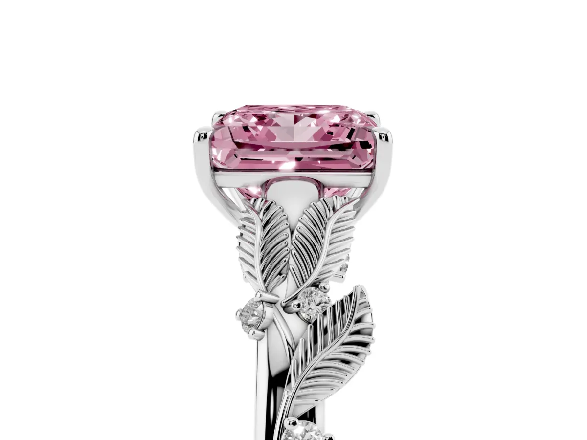 Fancy Pink Princess Cut Diamond Solitaire Ring with Leaf Motif Band and Four-Prong Setting Platinum