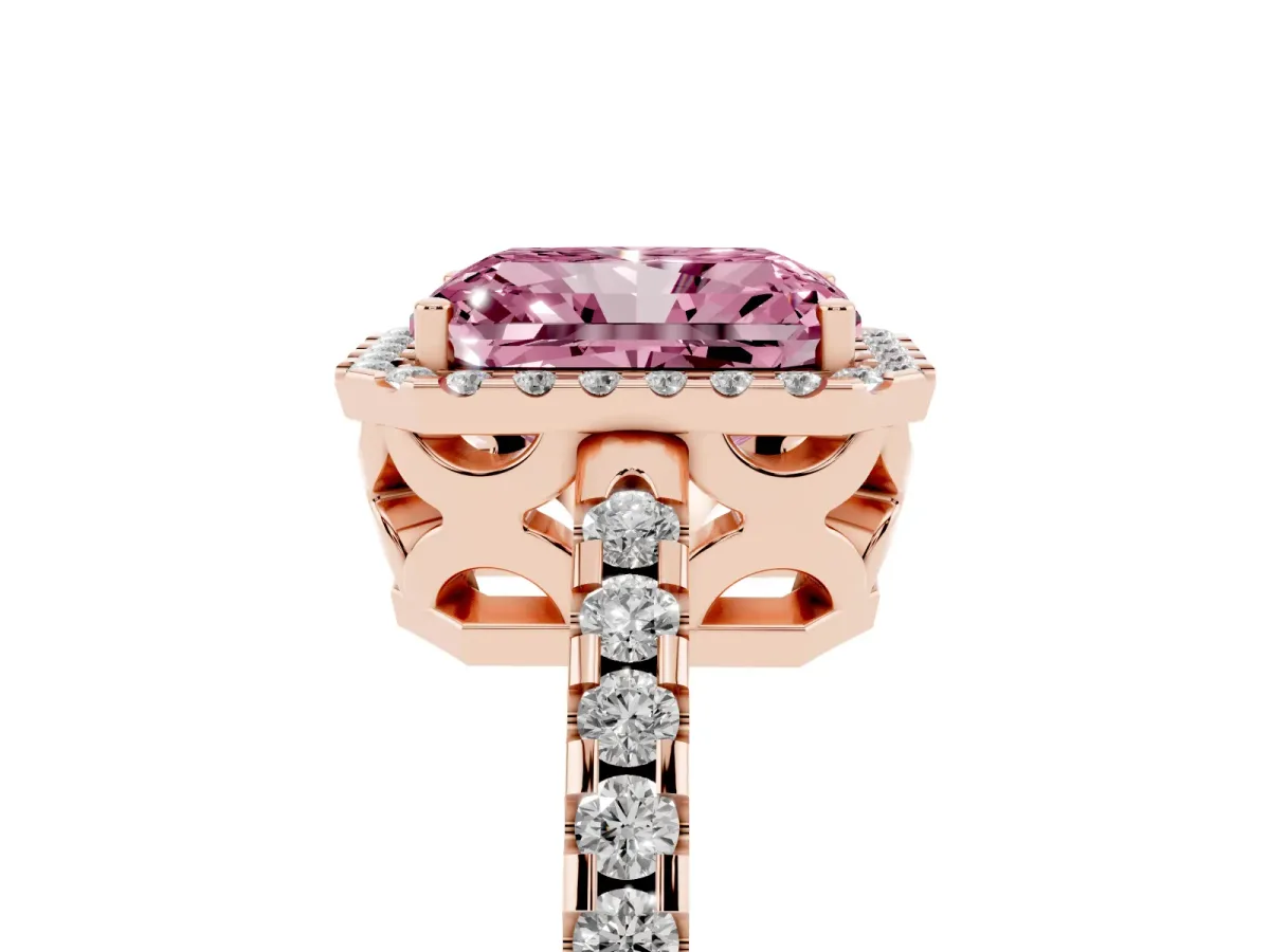 Fancy Pink Radiant Cut Diamond Halo Engagement Ring with Pavé Band and Prong Setting Rose gold