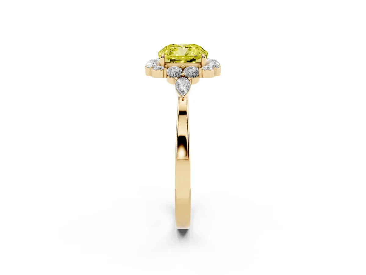 Fancy Yellow Cushion Cut Diamond Halo Ring with Pear Side Stones and Prong Setting Yellow gold