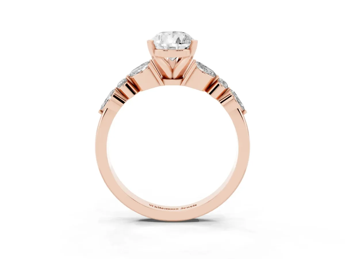 Pear Cut Diamond Solitaire Ring with Side Stones and Four-Prong Setting Rose gold