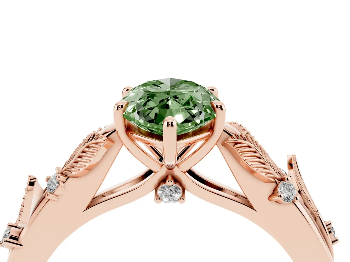 Fancy Green Marquise Cut Diamond Solitaire Ring with Leaf Motif Band and Four-Prong Setting Rose gold