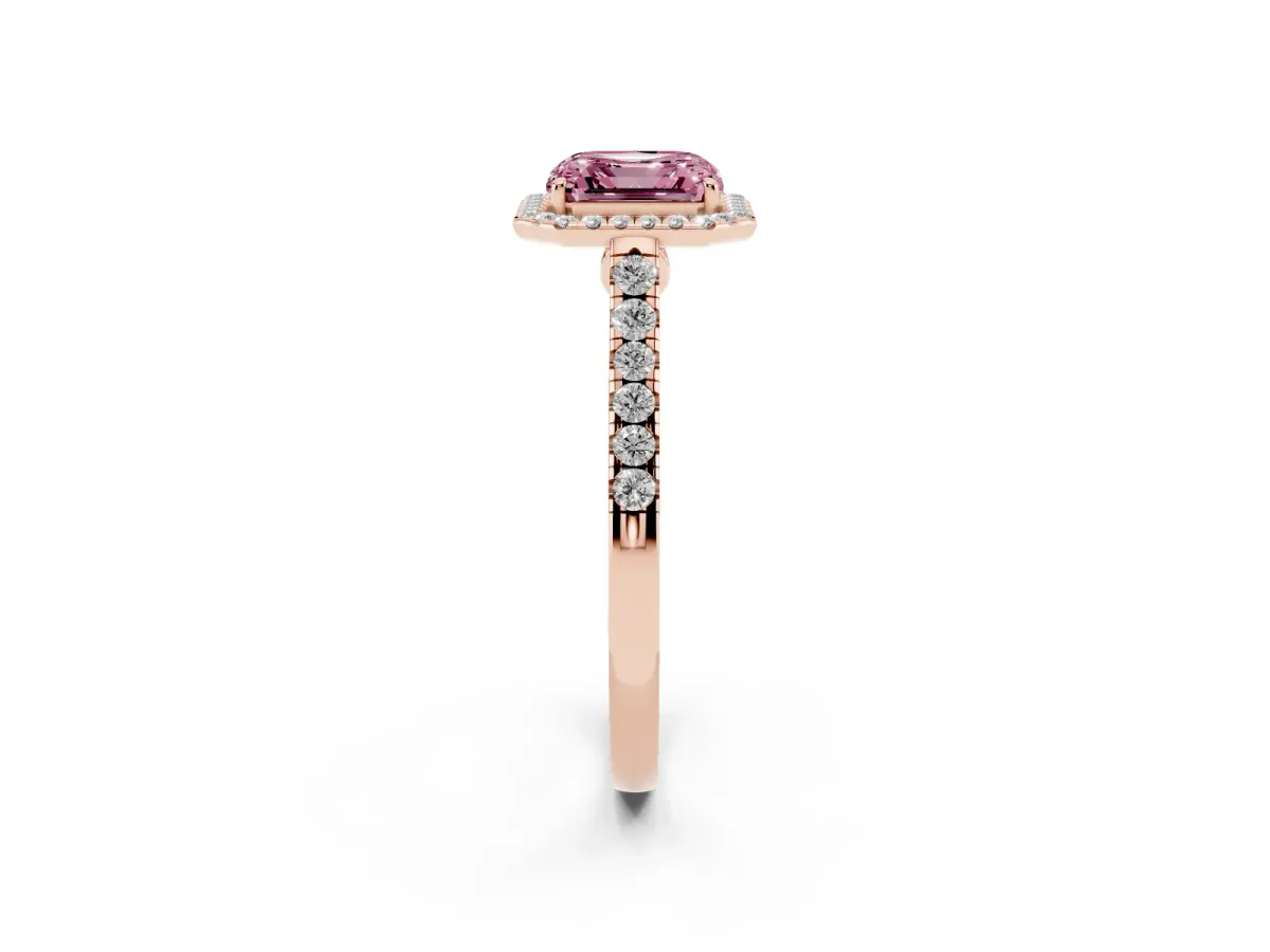 Fancy Pink Asscher Cut Halo Pave Diamond Engagement Ring with Four-Prong Setting Rose gold