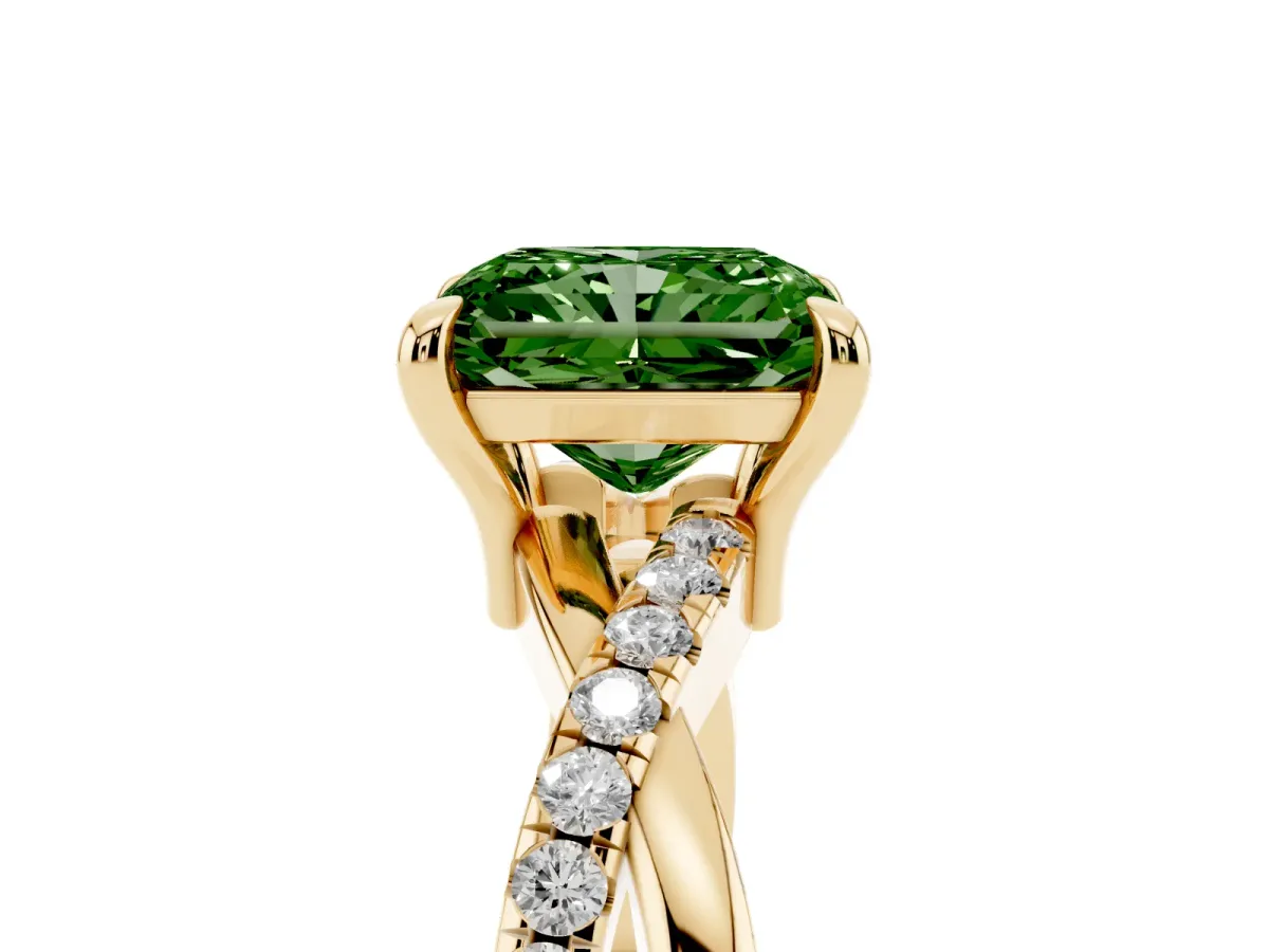 Fancy Green Radiant Cut Cut Diamond Twist Band Solitaire with Prong Setting Yellow gold