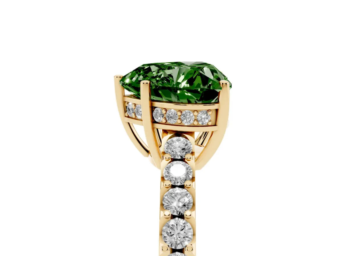 Fancy Green Heart Cut Solitaire Diamond Engagement Ring with Pavé Band and Six-Prong Setting Yellow gold