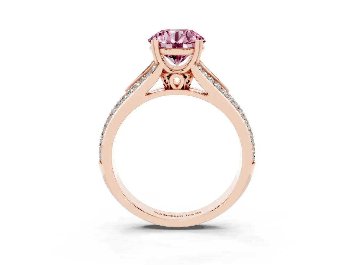Fancy Pink Round Cut Diamond Split Shank Engagement Ring with Pavé Band Rose gold