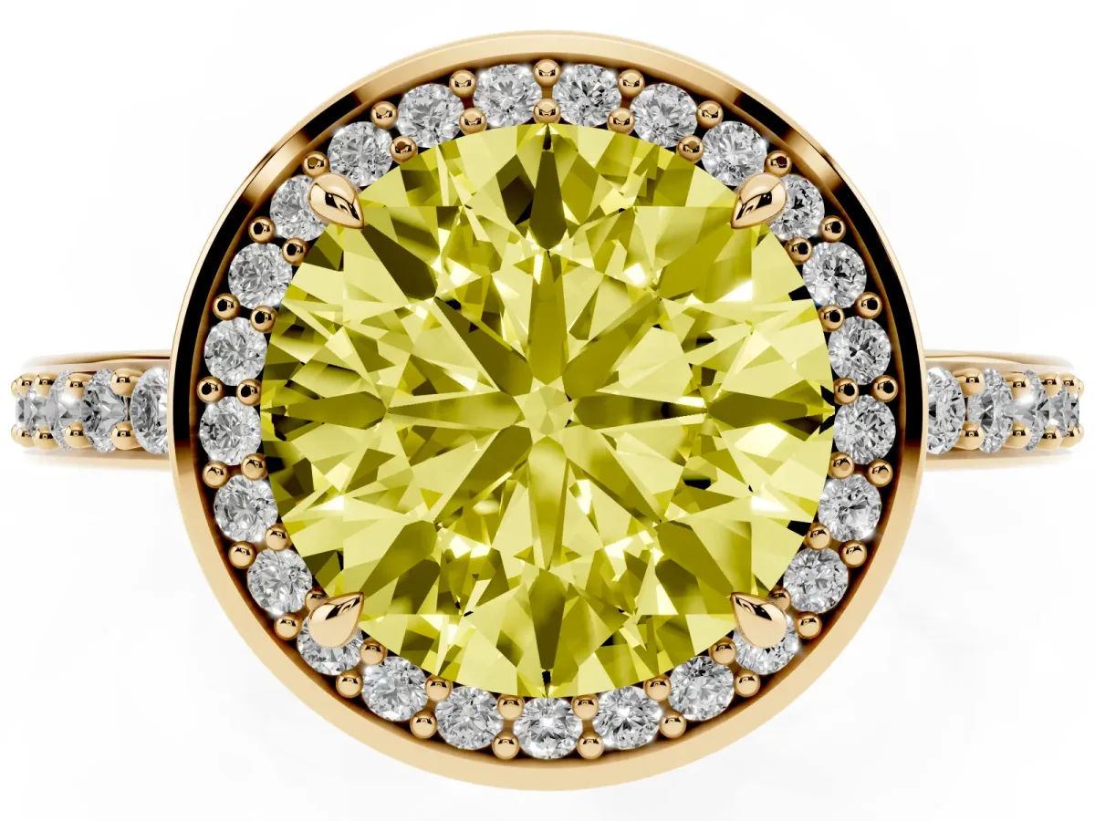 Fancy Yellow Round Cut Halo Pave Band Solitaire Ring with Prong Setting Yellow gold