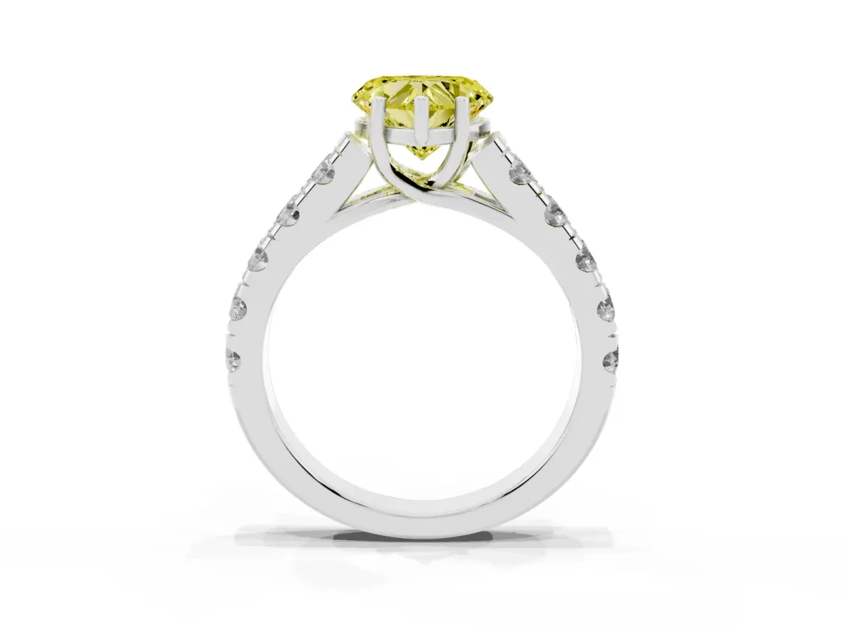 Fancy Yellow Heart Cut Cut Diamond Solitaire Ring with Micro Pave Band and Prong Setting Silver