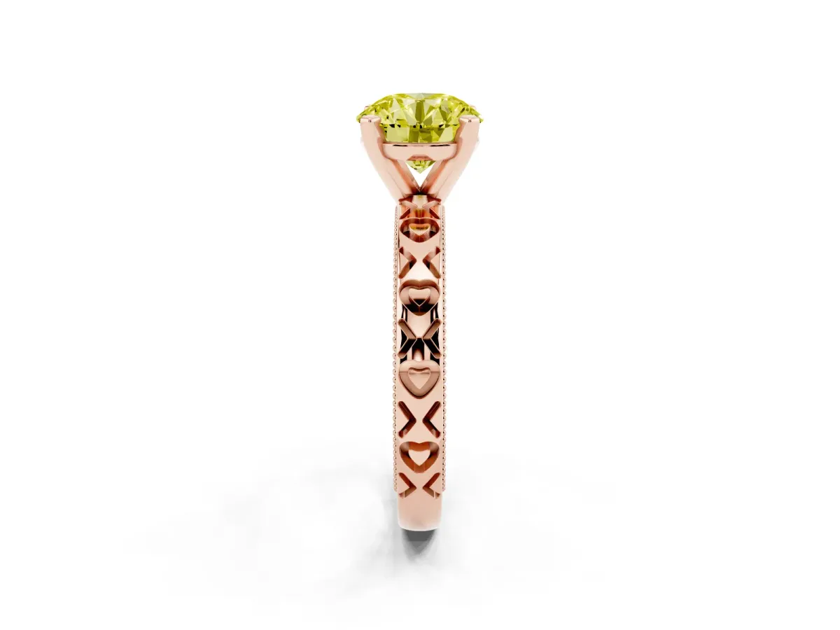 Fancy Yellow Round Cut Solitaire Diamond Engagement Ring with XO Engraved Band and Four-Prong Setting Rose gold