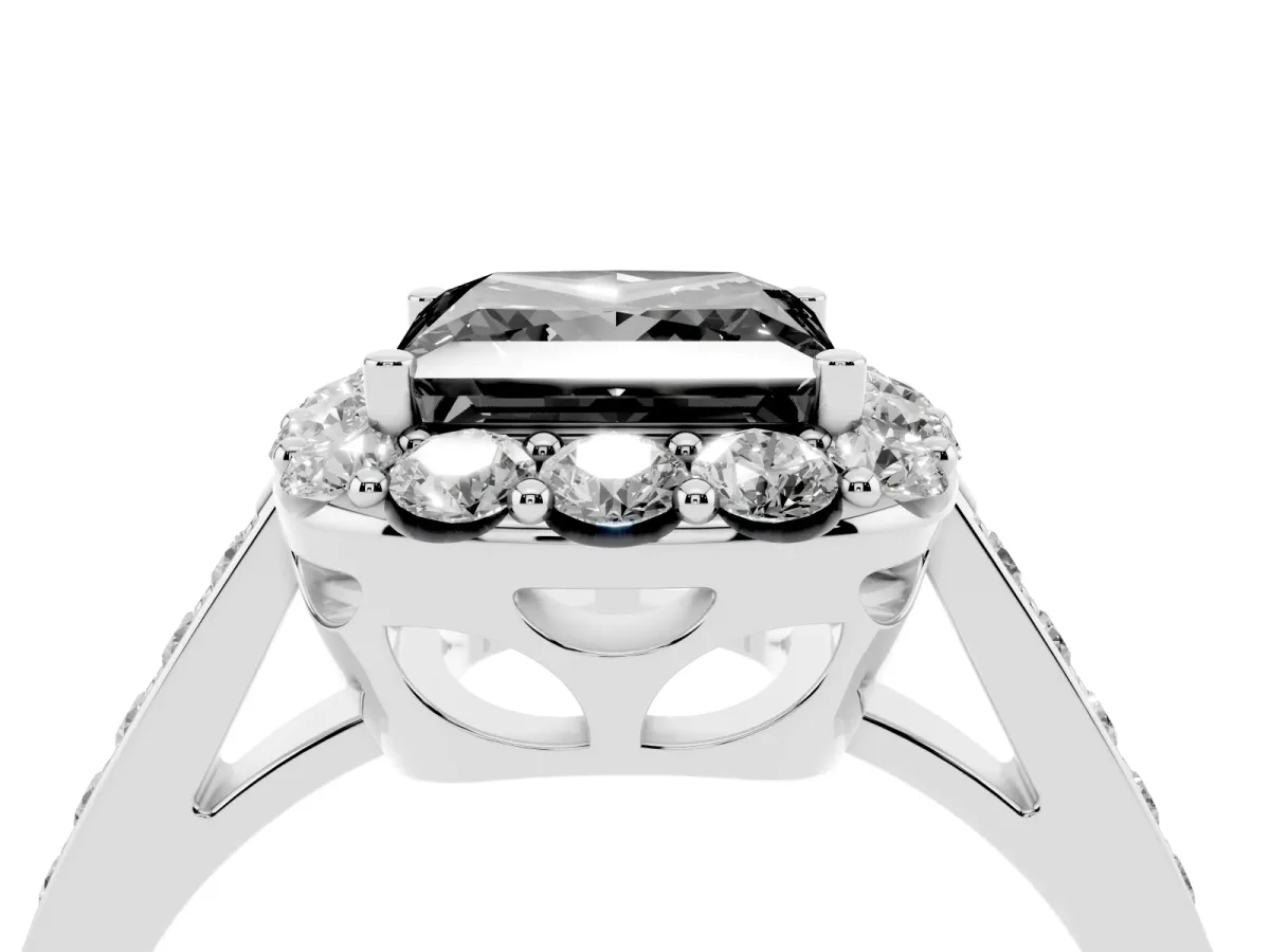 Fancy Black Princess Cut Diamond Floral Halo Ring with Pavé Band and Prong Setting White gold