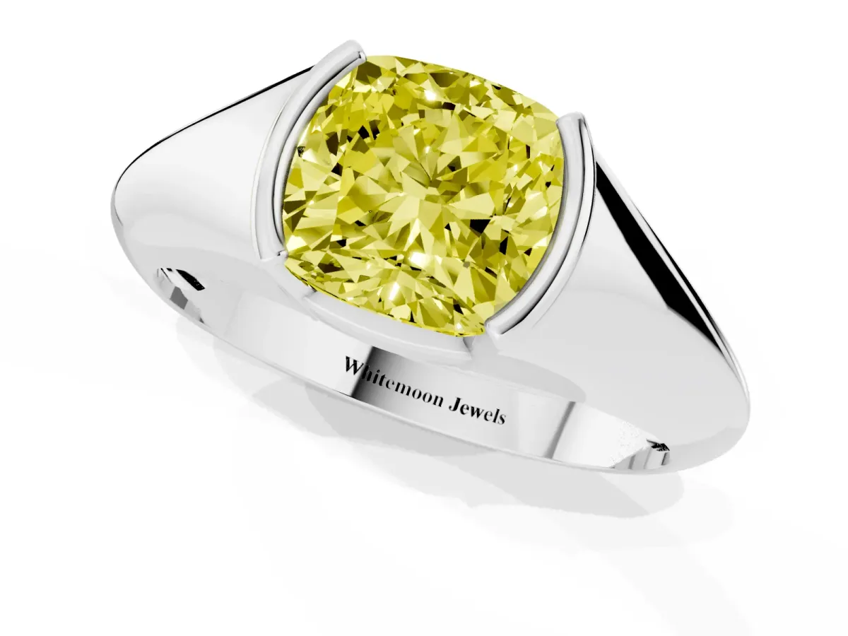 Fancy Yellow Cushion Cut Solitaire Tension Set Diamond Ring Silver