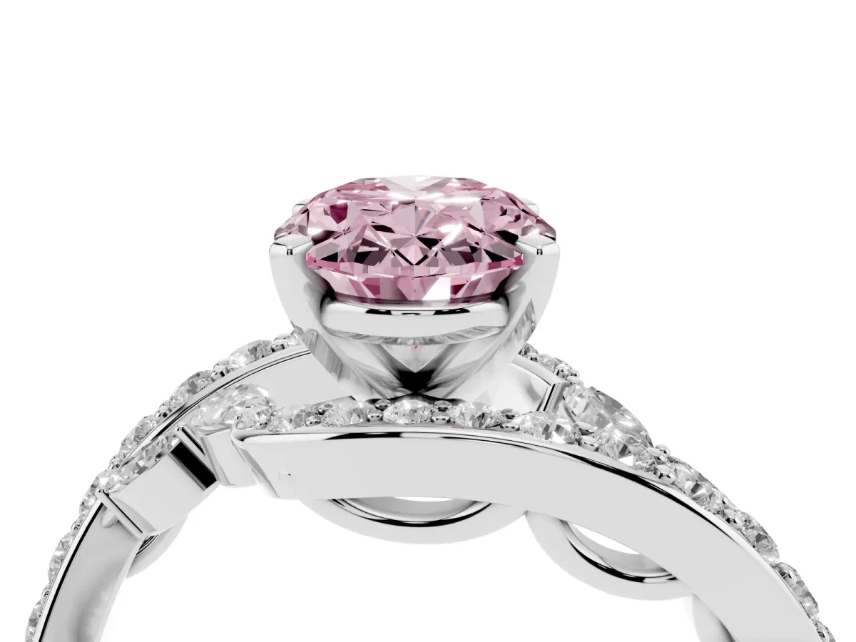 Fancy Pink Oval Cut Solitaire with Pavé Twist Band and Four-Prong Setting Platinum
