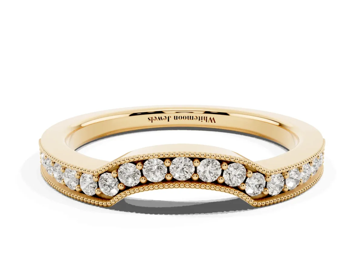 Curved Round Diamond Band with Milgrain Pavé Setting Yellow gold