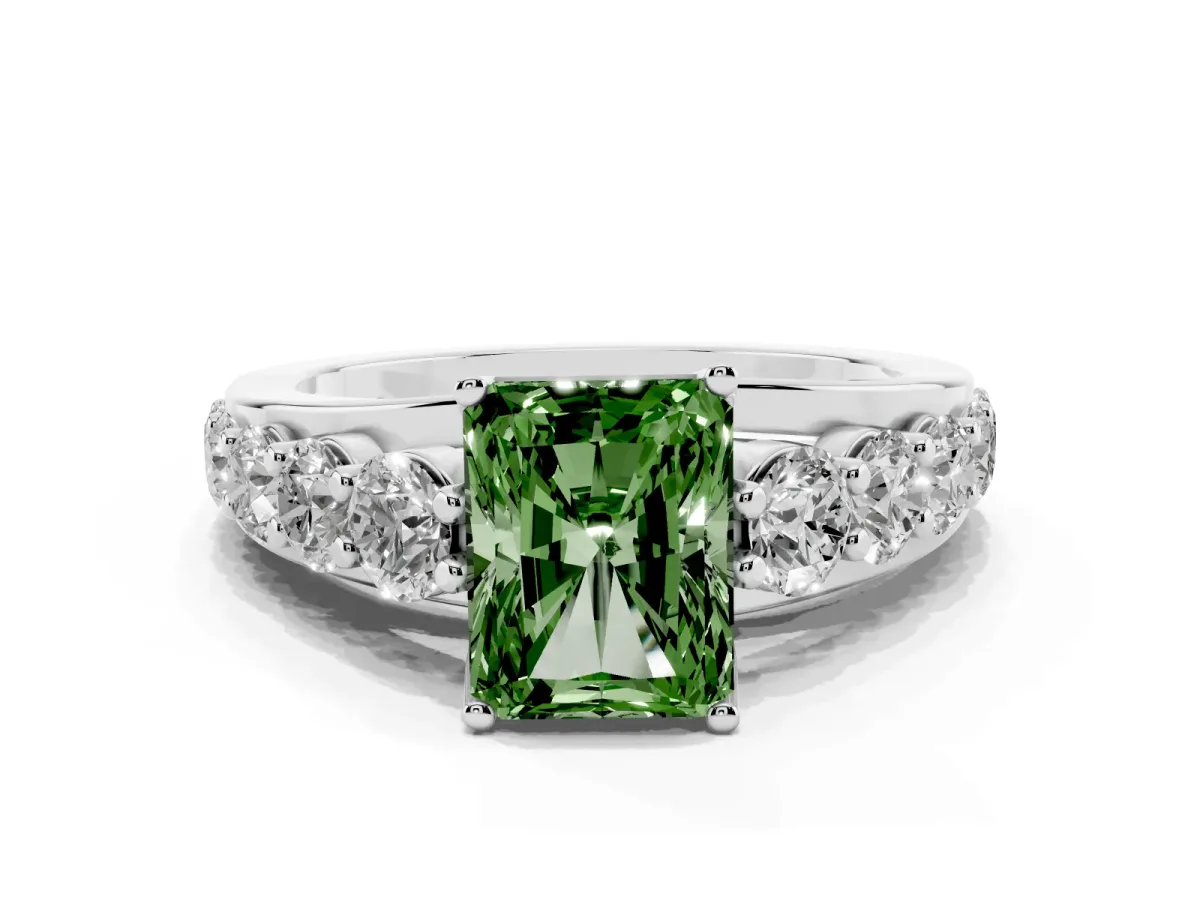 Fancy Green Radiant Cut Diamond Engagement Ring with Pavé Band and Four-Prong Setting Silver