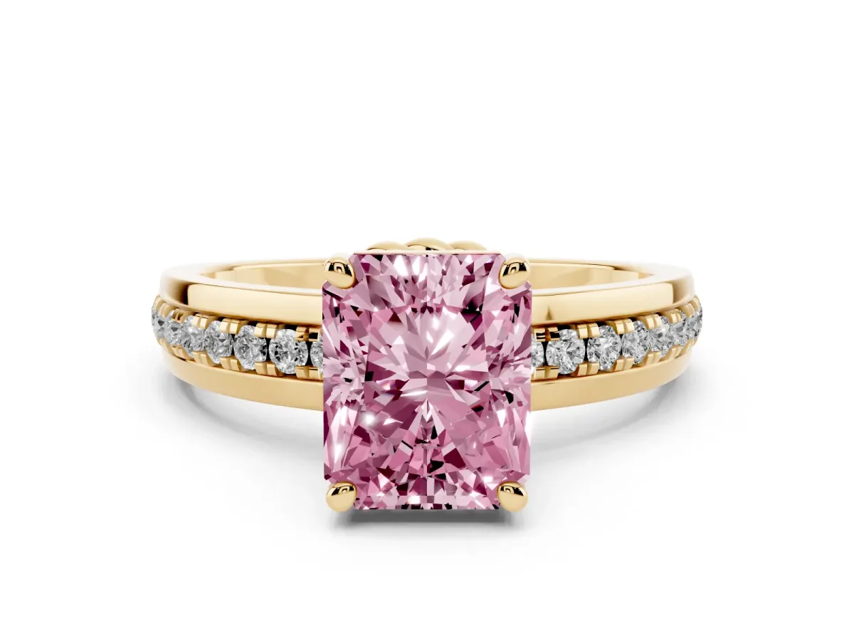 Fancy Pink Radiant Cut Solitaire Diamond Ring with Channel Set Band and Six-Prong Setting Yellow gold