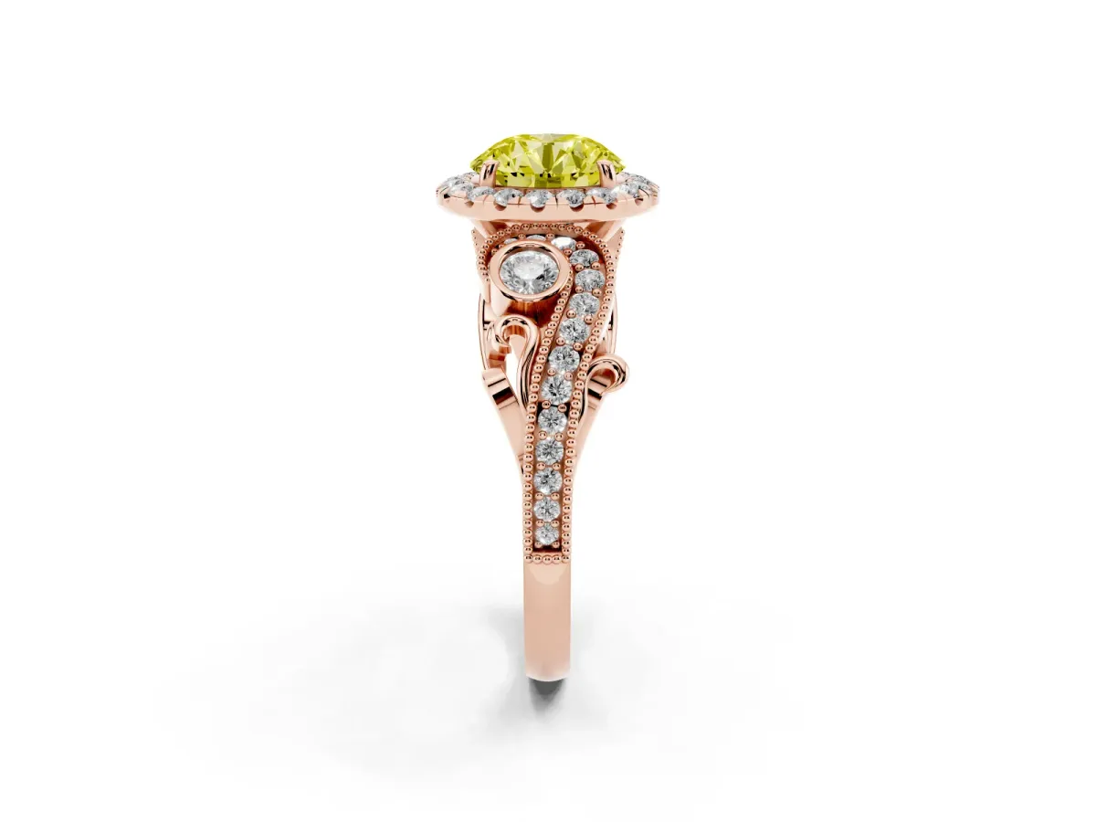 Fancy Yellow Round Cut Halo Diamond Ring with Milgrain and Bezel Accents on a Split Shank Band Rose gold