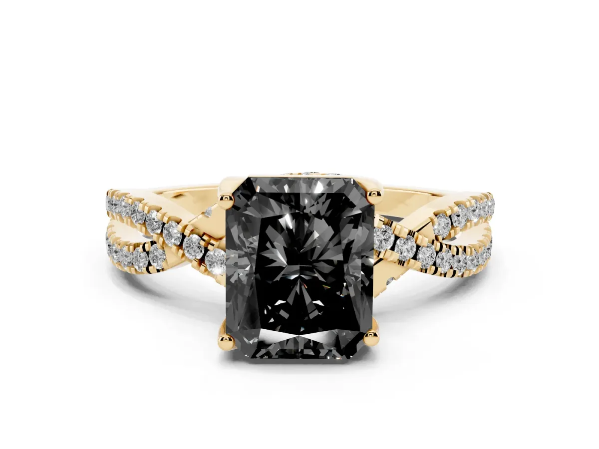 Fancy Black Radiant Cut Solitaire Twist Pave Diamond Engagement Ring with Prong Setting Yellow gold