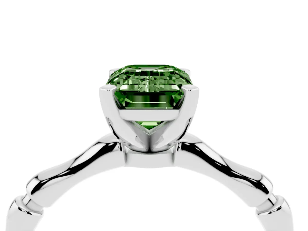 Fancy Green Emerald Cut Solitaire Diamond Ring with Bamboo Band and Four-Prong Setting Silver