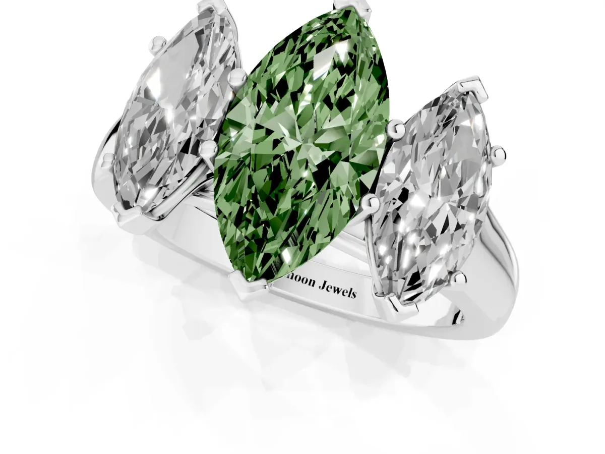 Fancy Green Marquise Cut Three-Stone Diamond Ring with Prong Setting on a Classic Band Silver