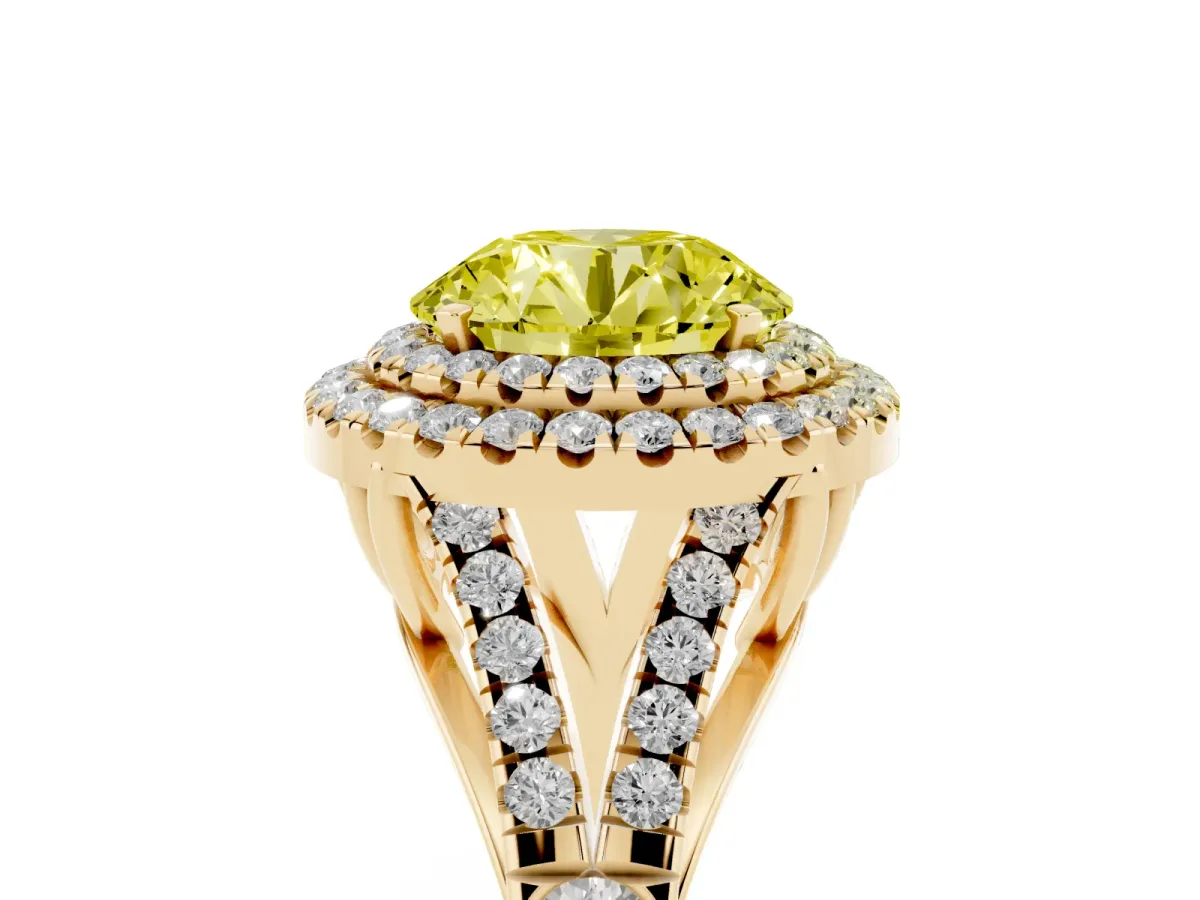 Fancy Yellow Round Cut Diamond Double Halo Ring with Split Shank and Prong Setting Yellow gold