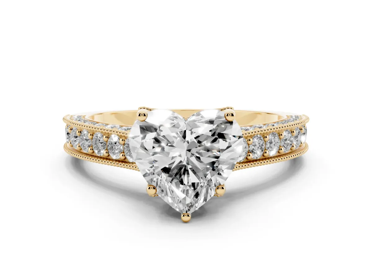 Heart Cut Cut Diamond Solitaire Ring with Milgrain Pave Band and Four Prong Setting Yellow gold