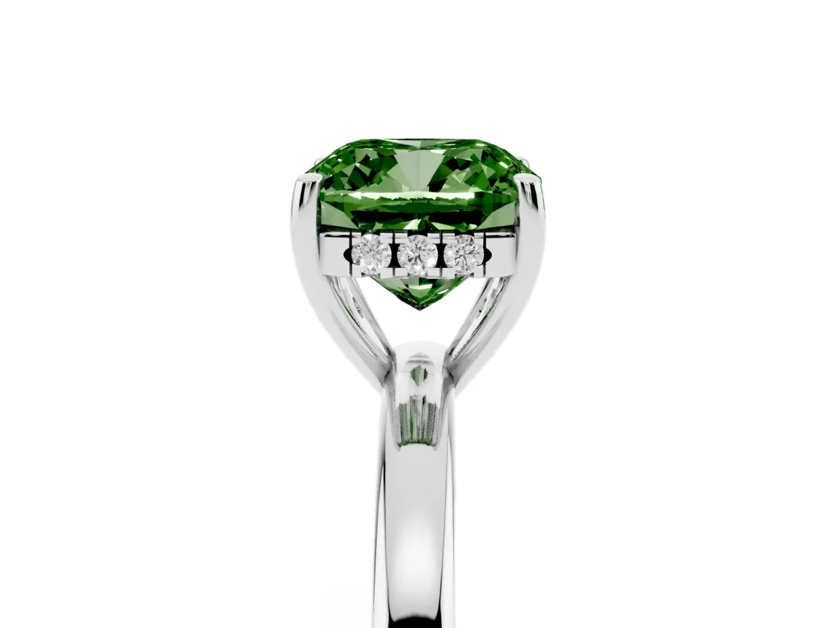 Fancy Green Cushion Cut Solitaire Diamond Ring with Prong Setting and Plain Band Silver