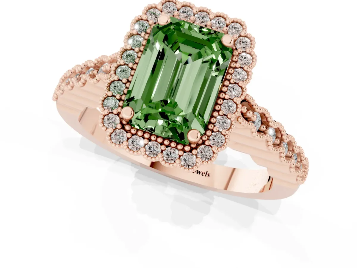 Fancy Green Emerald Cut Cut Halo Pavé Solitaire Ring with Milgrain Band Rose gold