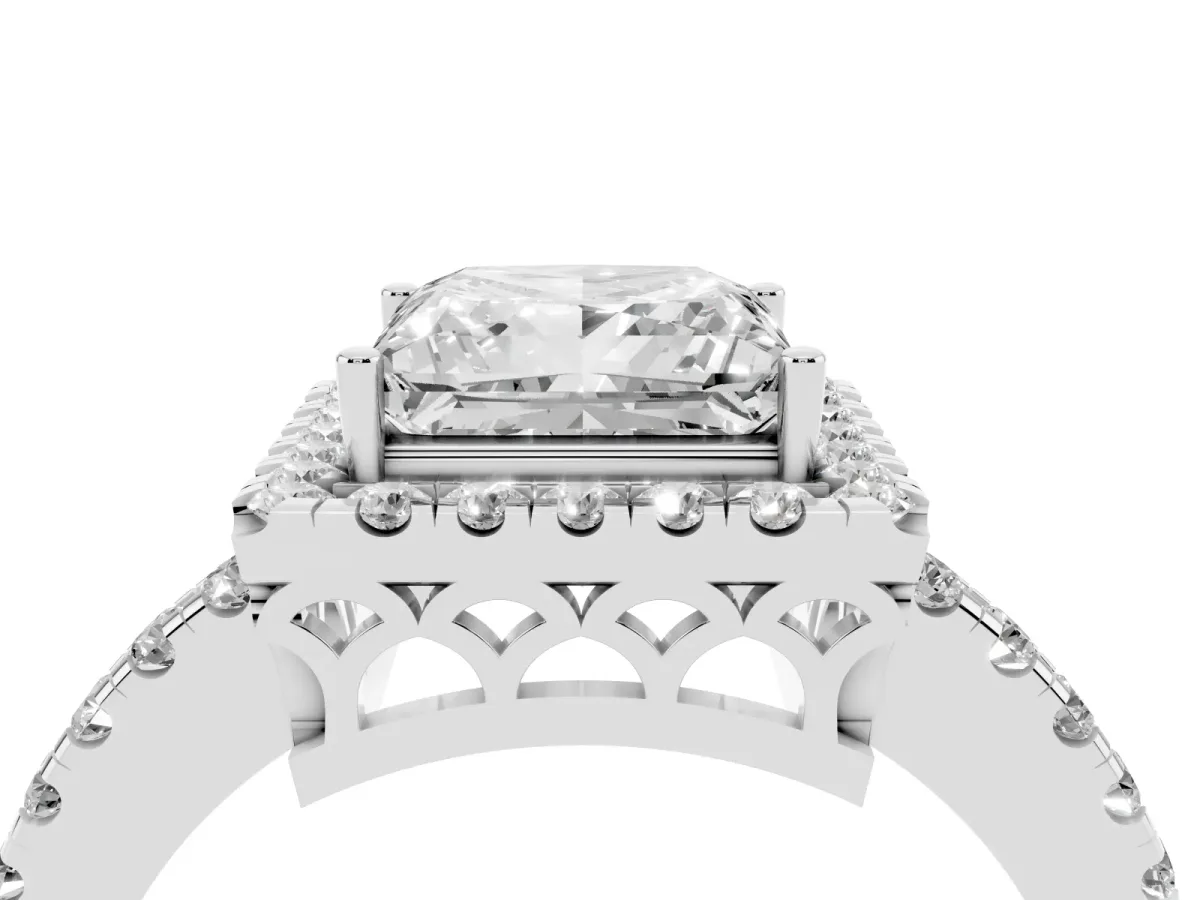 Princess Cut Halo Diamond Engagement Ring with Pavé Band and Four-Prong Setting White gold