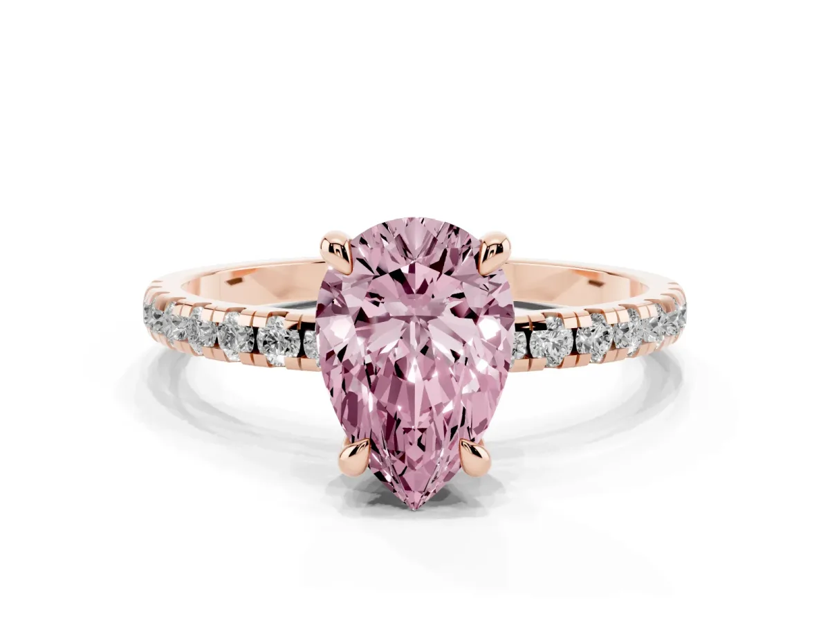 Fancy Pink Pear Cut Diamond Brilliant Solitaire Ring with Pavé Band and Four-Prong Setting Rose gold