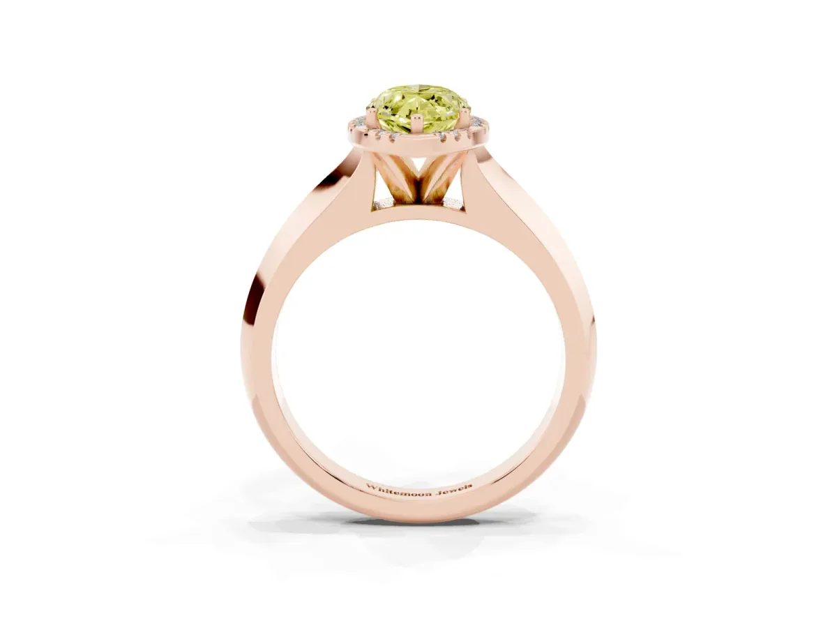 Fancy Yellow Marquise Cut Halo Diamond Ring with Cathedral Band and Four-Prong Setting Rose gold