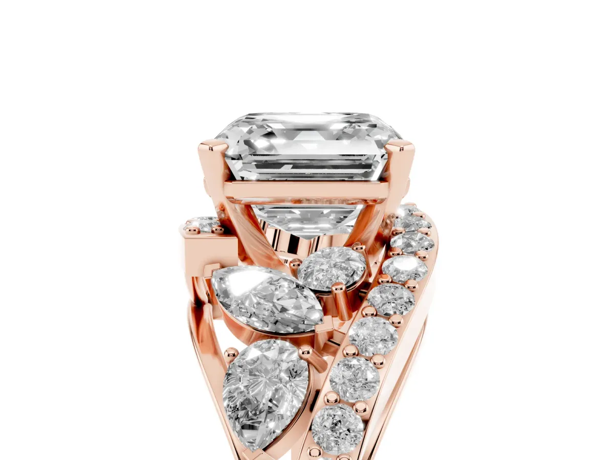 Asscher Cut Diamond Halo Ring with Marquise and Pavé Band in Prong Setting Rose gold