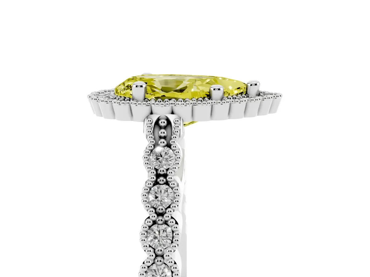 Fancy Yellow Pear Cut Cut Halo Pavé Solitaire Ring with Milgrain Band White gold