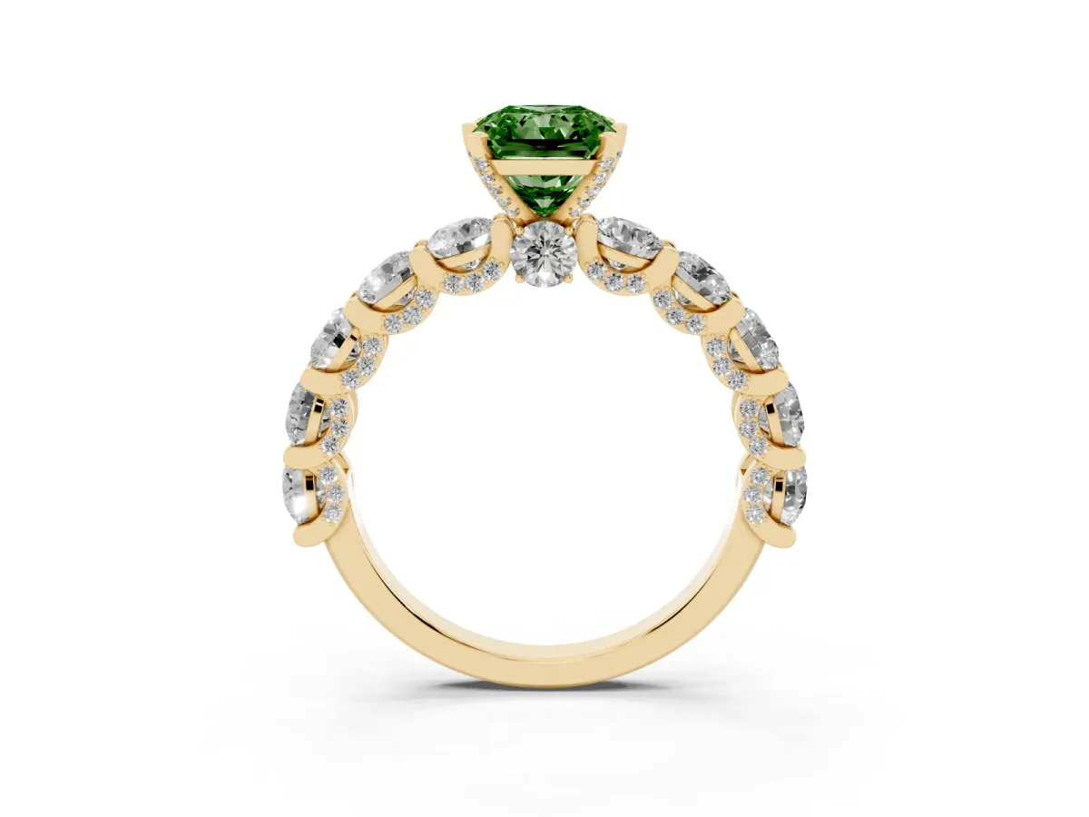 Fancy Green Radiant Cut Diamond Side Stone Engagement Ring with Four-Prong Setting Yellow gold