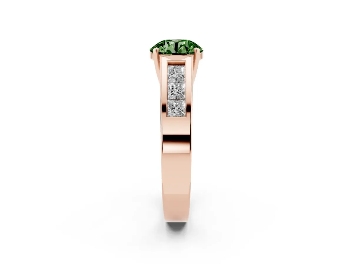 Fancy Green Round Cut Cut Channel Set Solitaire Ring with Four-Prong Setting Rose gold