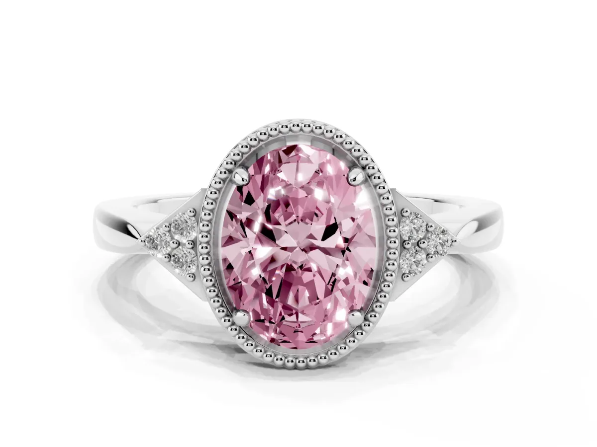 Fancy Pink Oval Cut Diamond Halo Ring with Tapered Band and Four-Prong Setting White gold