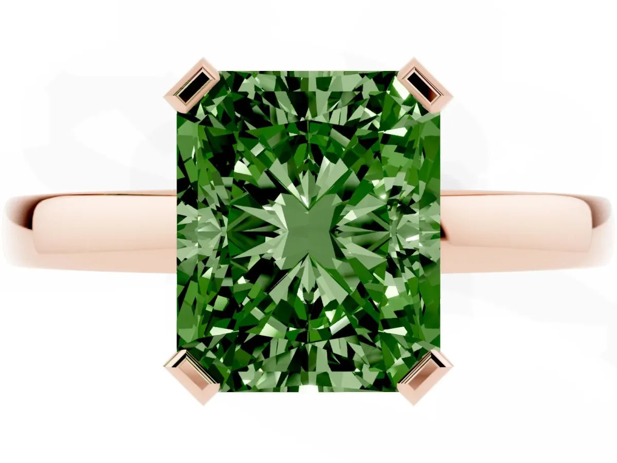 Fancy Green Radiant Cut Cut Solitaire Ring with Four-Prong Setting and Classic Band Rose gold