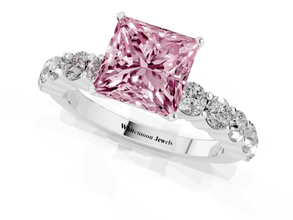 Fancy Pink Princess Cut Diamond Solitaire Ring with Shared Prong Round Side Stones Silver