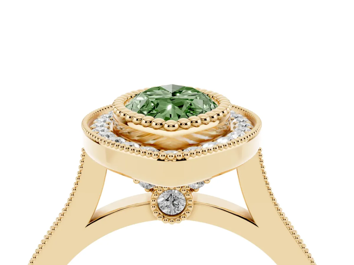 Fancy Green Marquise Cut Diamond Halo Ring with Milgrain Frame and Pavé Band Yellow gold